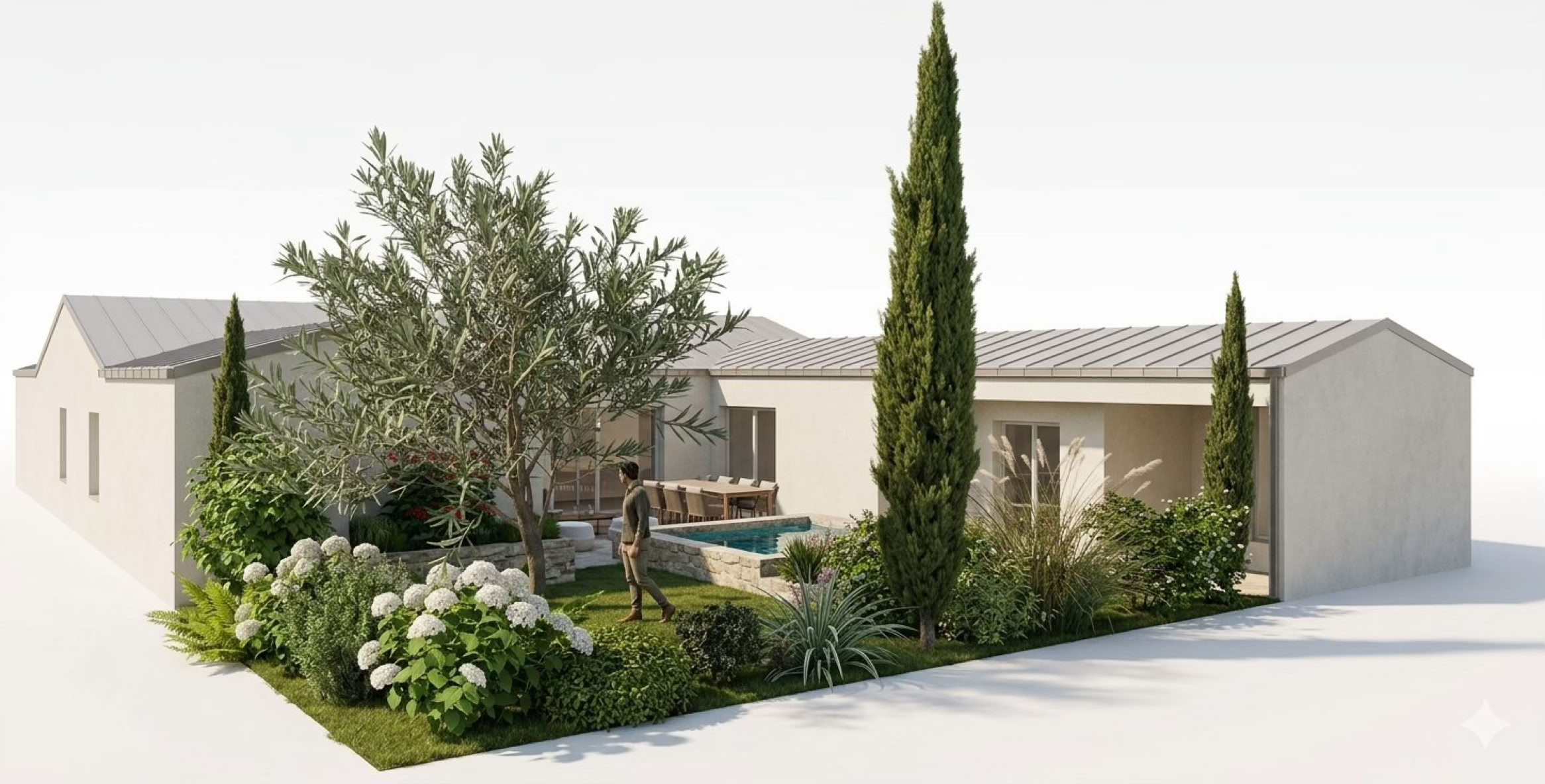 Aménagement maison moderne avec jardin, arbres et arbustes, comprenant une piscine semi-entérrée