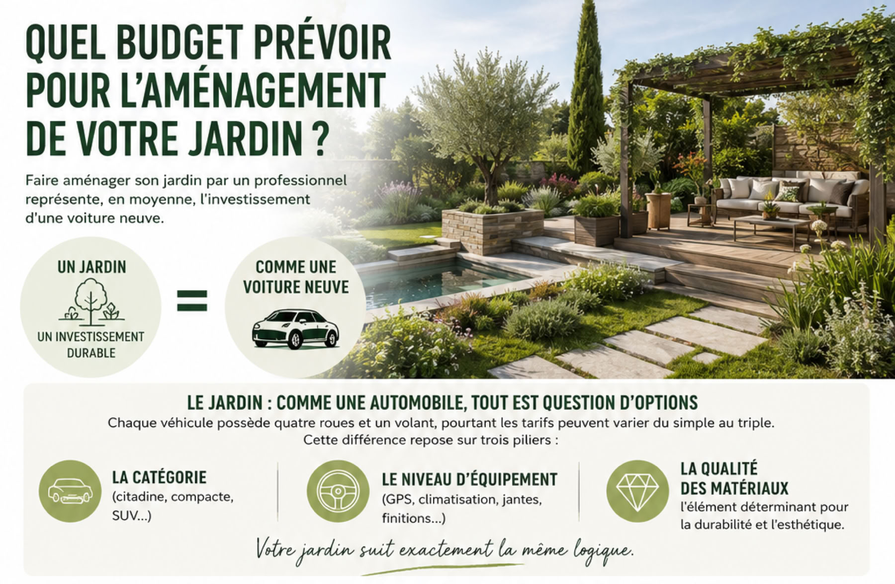 Combien ça coûte un jardin? Image contenant du texte sur le budget pour l'aménagement d'un jardin, avec une photo d'un jardin paysager à droite. Il y a des icônes et des sections de texte expliquant les options de jardinage, comparées à l'achat d'une voiture.