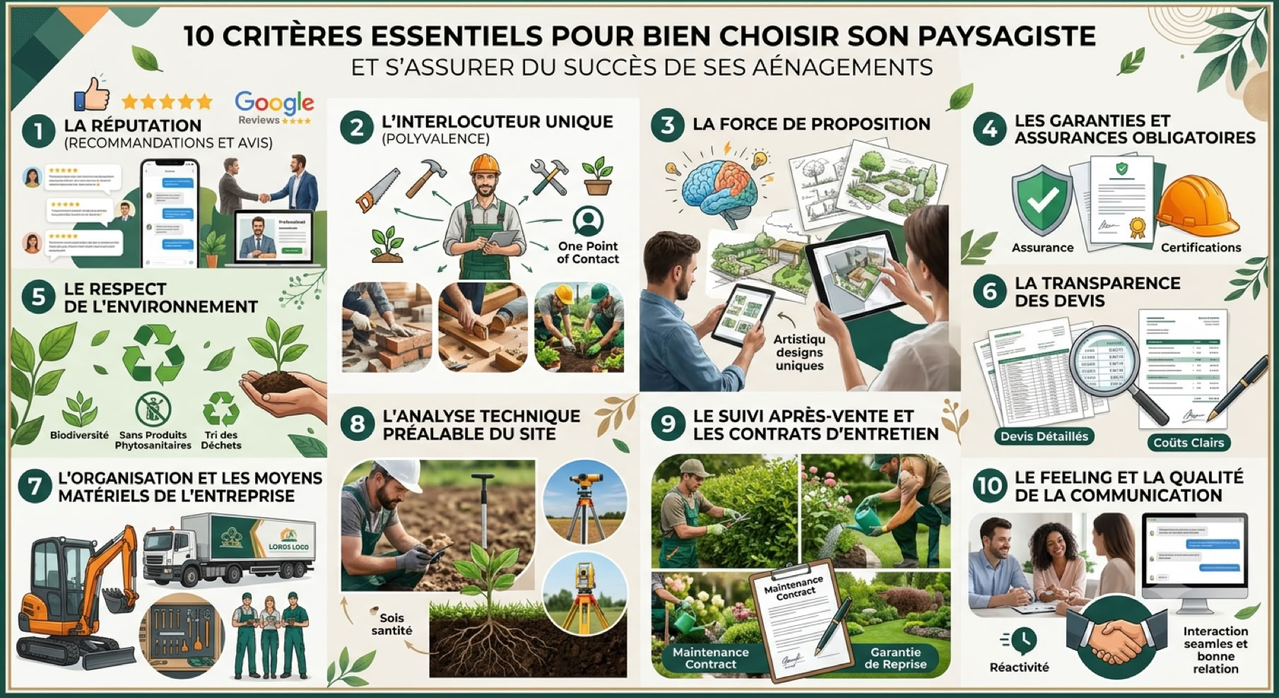 10 critères essentiels pour bien choisir son paysagiste Infographie avec des illustrations et du texte décrivant 10 critères pour choisir un paysagiste, incluant des outils de jardinage, des plantes, des personnes travaillant, et des icônes symboliques.