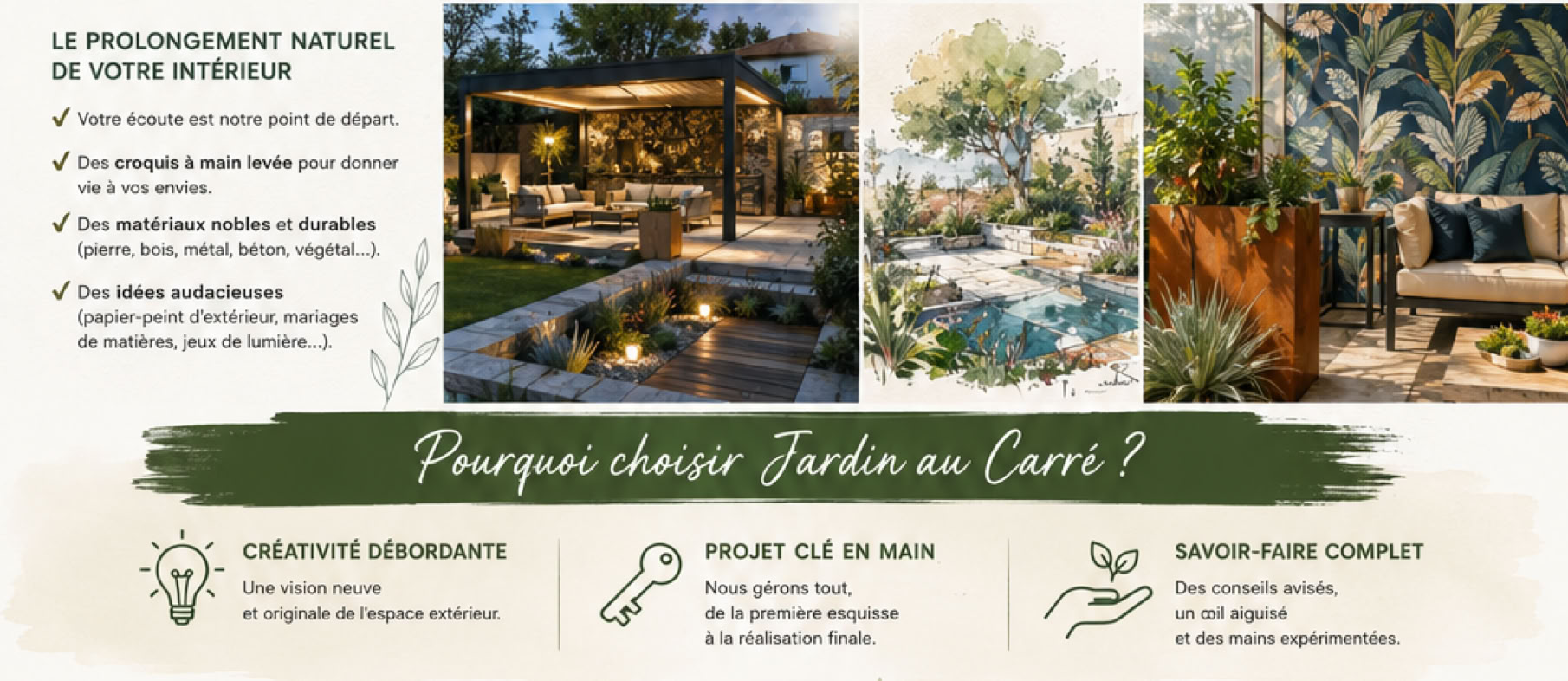Choisir Jardin au Carré Image contenant du texte en français sur les avantages de choisir un service de jardinage, avec des images de jardins aménagés et des icônes illustrant des concepts tels que des conseils personnalisés, un projet clé en main, et un service complet.